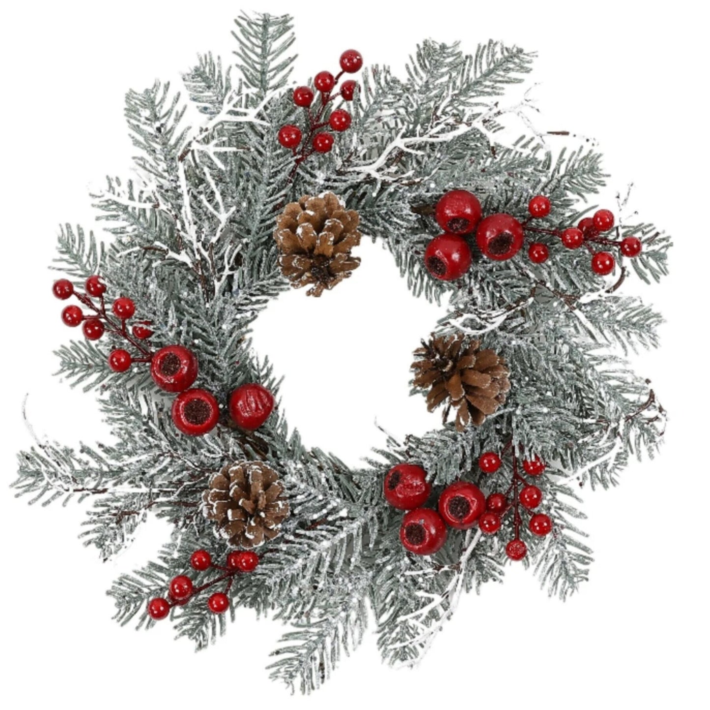Coronita pentru Craciun idealStore din Brad Artificial Nins, Diametru 40CM, Decorata cu Conuri de Brad si Fructe Rosii, Ramuri Ninse, Eleganta si Rafinata, Culoare Verde Alb