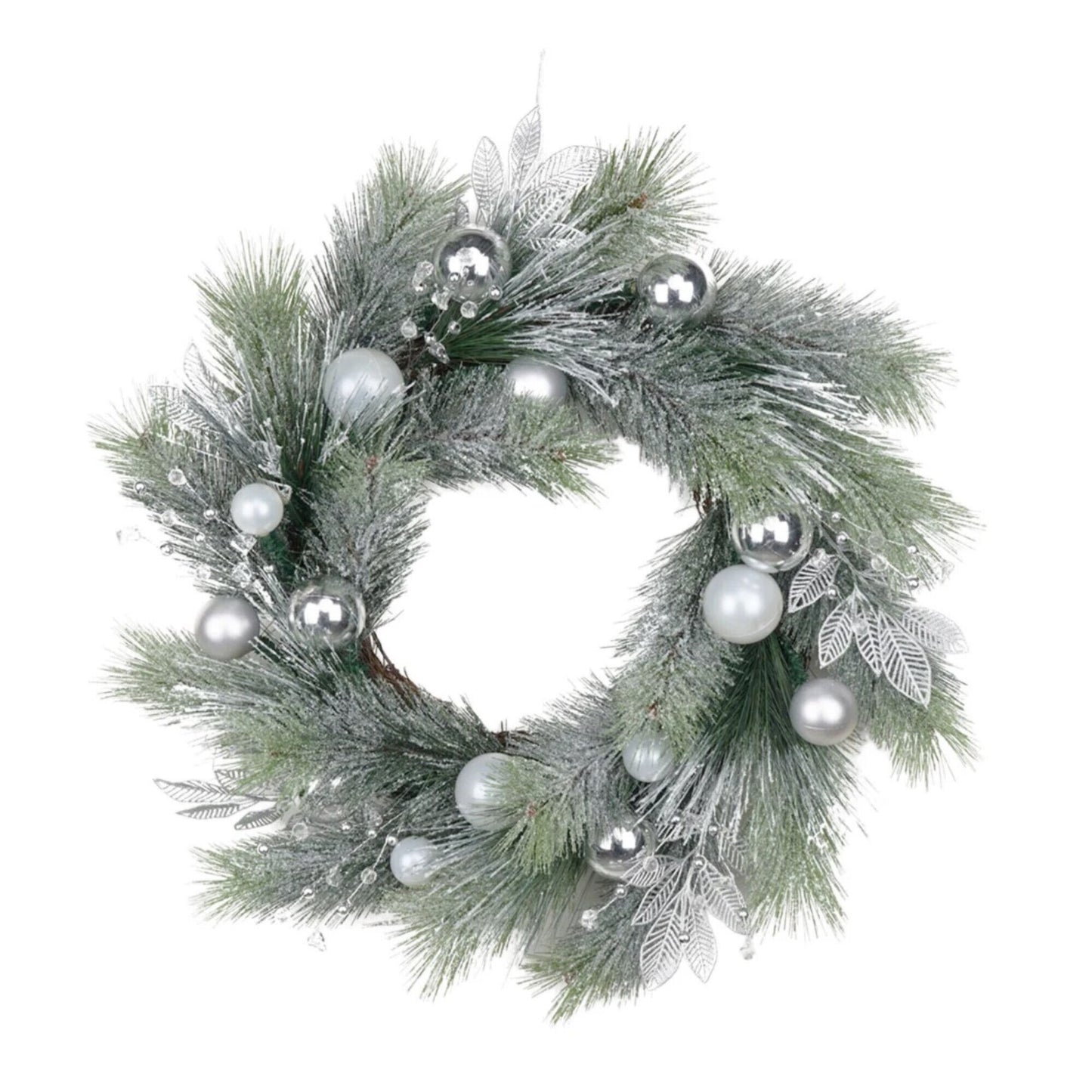 Coronita pentru Craciun idealStore din Brad Artificial Nins, Diametru 70CM, Decorata cu Globulete Argintii, Ramuri Ninse, Eleganta si Stralucitoare, Culoare Verde Argintiu