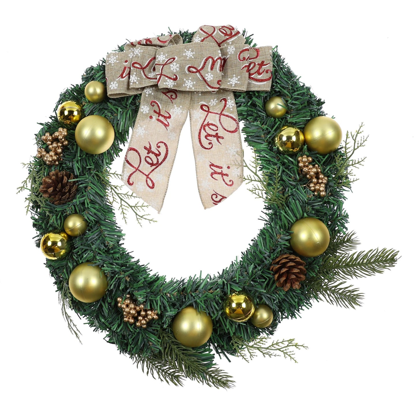 Coronita pentru Craciun idealStore, Diametru 40 CM, Decorata cu Globulete Aurii, Conuri de Brad si Fructe Aurii, Combinatie de Culori Verde Auriu, Fundita cu Mesaj Inclusa, Design Elegant