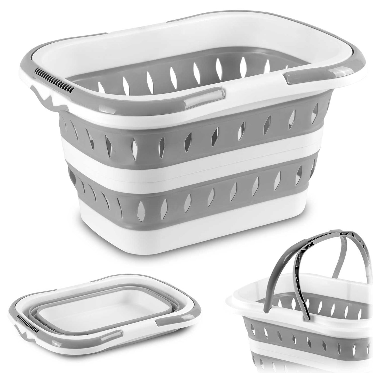 Cos de rufe idealSTORE, Pliabil, cu Manere, Utilizare Universala, Asamblare Simpla si Intuitiva, Constructie Solida, Capacitate maxima 50 litri, Usor de Depozitat, culoare Gri