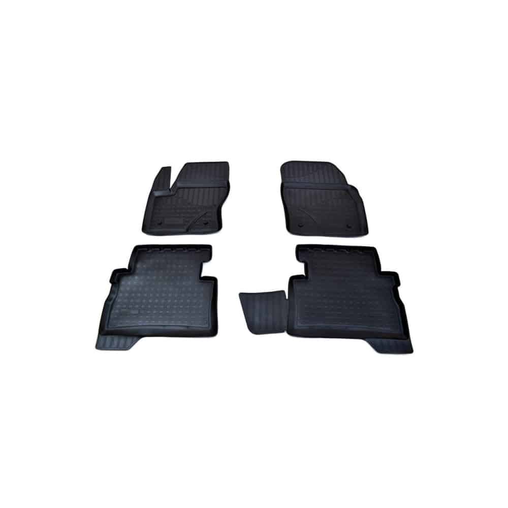 Covoare Cauciuc pentru Ford Kuga III, stil Tavita, cu Bordura, Clipsuri de Fixare in Podea, Material fara Miros, Cauciuc Antiaderent, Predecupaj de Fixare in Podea, Culoare Negru