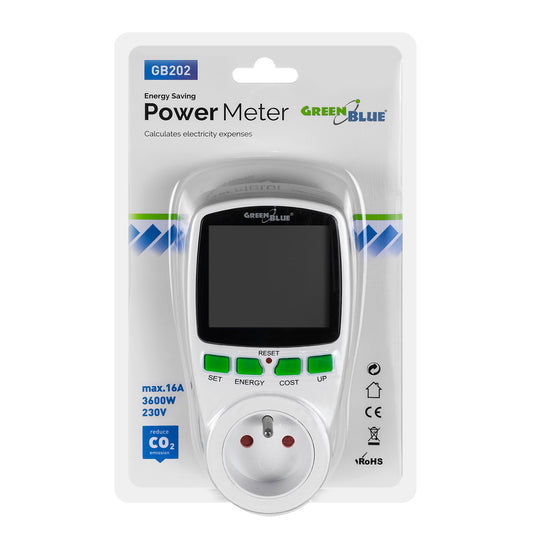 Priza cu Contor Afisaj Digital de Energie wattmetru, GreenBlue GB202, alb