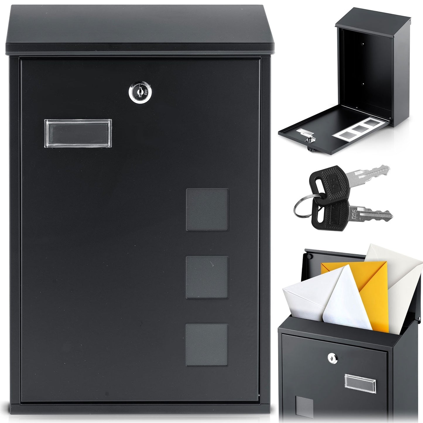 Cutie Postala Premium idealSTORE din Otel Galvanizat, Dimensiuni 39,5x25,5x12 cm Negru Antracit, Moderna si Eleganta, Rezistenta la Intemperii si Coroziune, cu Incuietoare sigura si 2 chei, fereastra de inspectie, Montaj pe perete