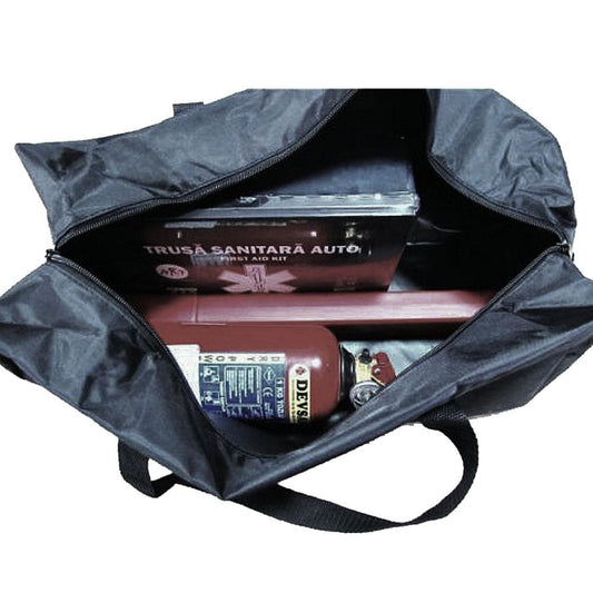 Kit siguranta auto Premium Motor Starter certificat R.A.R, Trusa prim ajutor, 2 X Triunghi, Stingator reincarcabil P1, Vesta reflectorizanta, Geanta Premium inclusa, Suport telefon Cadou