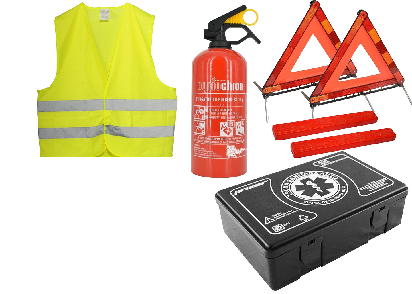 Kit complet siguranta auto omologat R.A.R. valabilitate 5 ani - 1x Trusa prim ajutor, 2x Triunghi, 1x Stingator, 1x Vesta reflectorizanta
