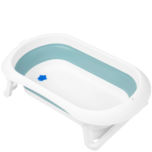 Cadita pliabila pentru baie copii DacEnergy, pliabila, picioare antiderapante, dop senzor de temperatura, maxim 45 kg, 50 x 21 cm, albastra si alb