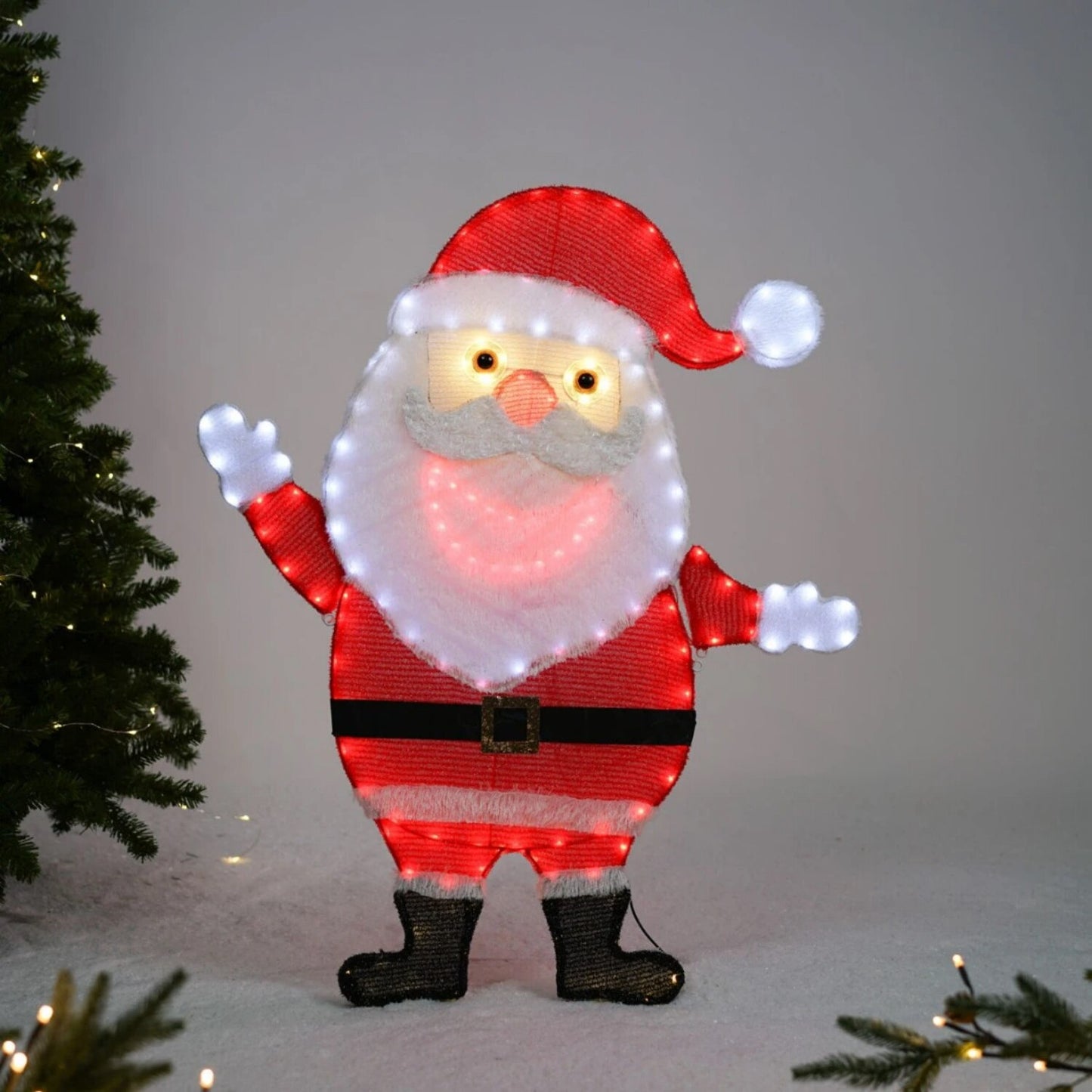 Decoratiune Luminoasa Mos Craciun idealStore, Muzicala, Inaltime 92CM, Contine 154 Led-uri, Lumina Calda, Rece si Rosie, Dotata cu Funtie de Miscare A Gurii, Dimensiuni 74x2Cm, Design Atragator