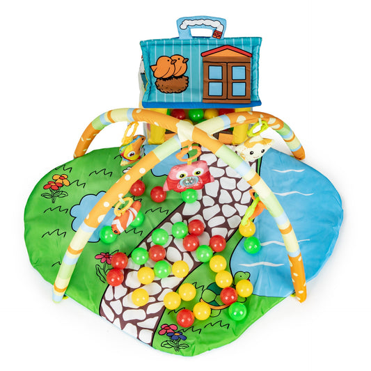 Covoras educativ pentru copii idealSTORE Dimensiuni 95 x 45 x 92 cm, Include covor moale, casuta, jucarii, 30 de bile colorate, Ajuta la dezvoltatea abilitatilor manuale