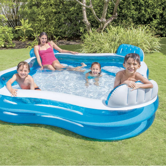 Piscina gonflabila pentru Familie, Bleu, 4 scaune gonflabile integrate, 2 suporturi pentru pahare, Intex, 229x229x66cm, PG-B-I04