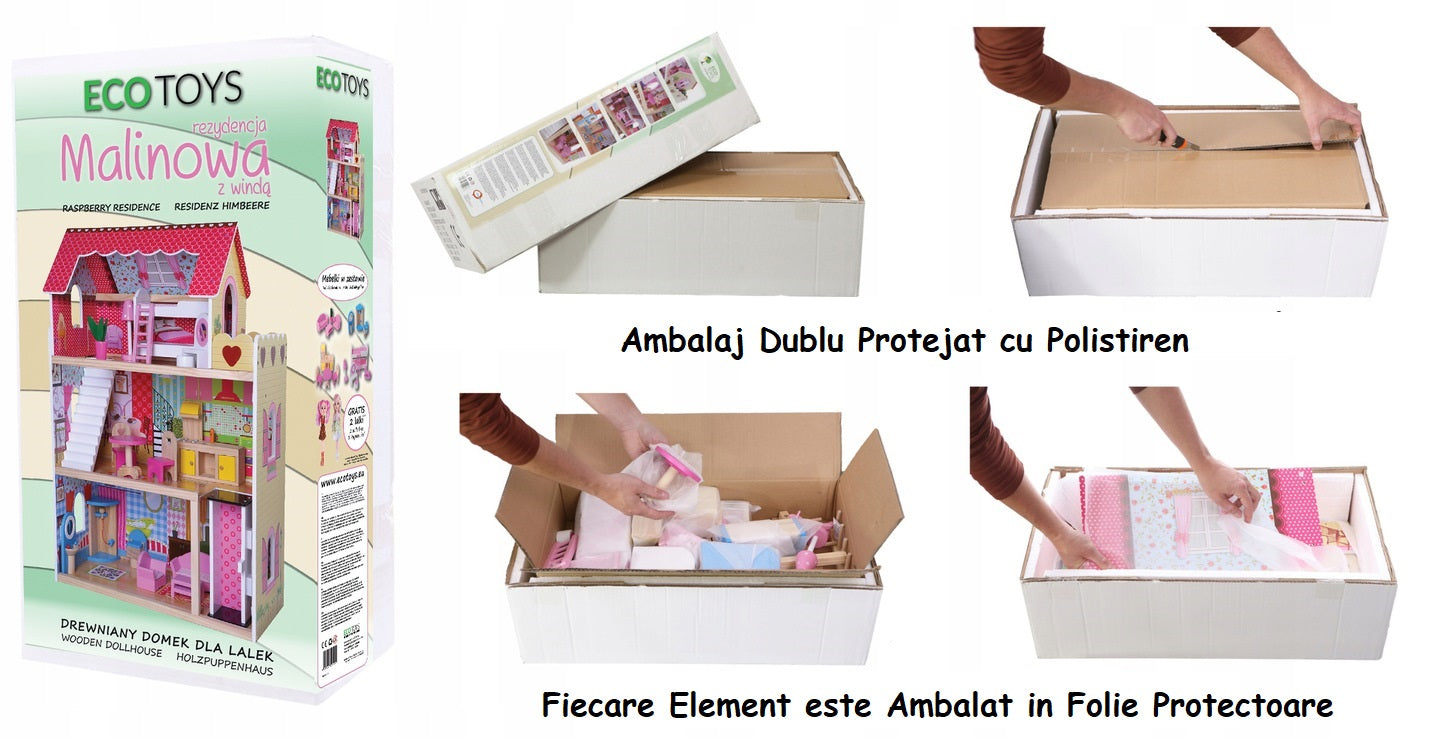 Casuta de Papusi Mare din Lemn, Raspberry, cu Lift, 16 Piese Mobilier si 2 Papusi, 90 cm