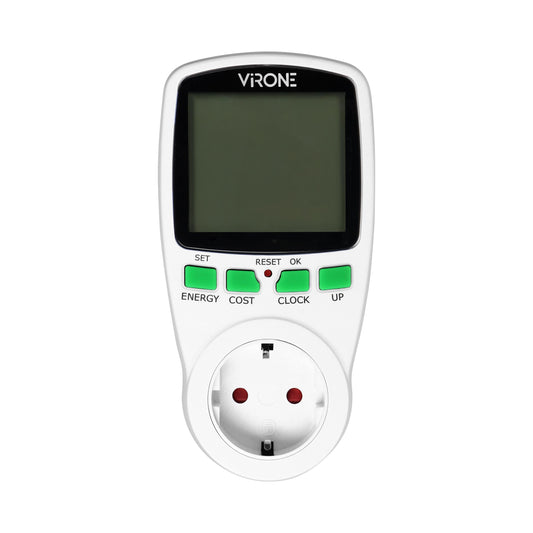 Calculator de energie cu afisaj LCD VIRONE EM-1GS, 3680W, 16A, schuko, baterie incorporata, 2 tarife, alb