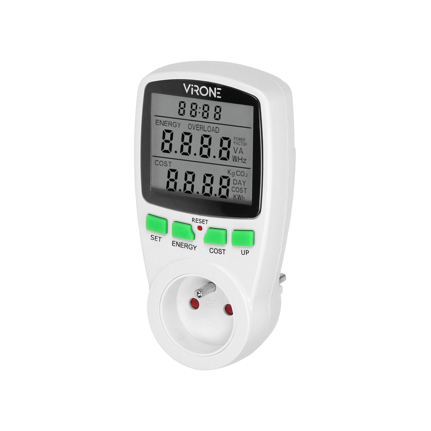 Calculator de energie cu afisaj LCD VIRONE EM-4(GS), 3680W, 16A, schuko, baterie incorporata, tarif unic, alb