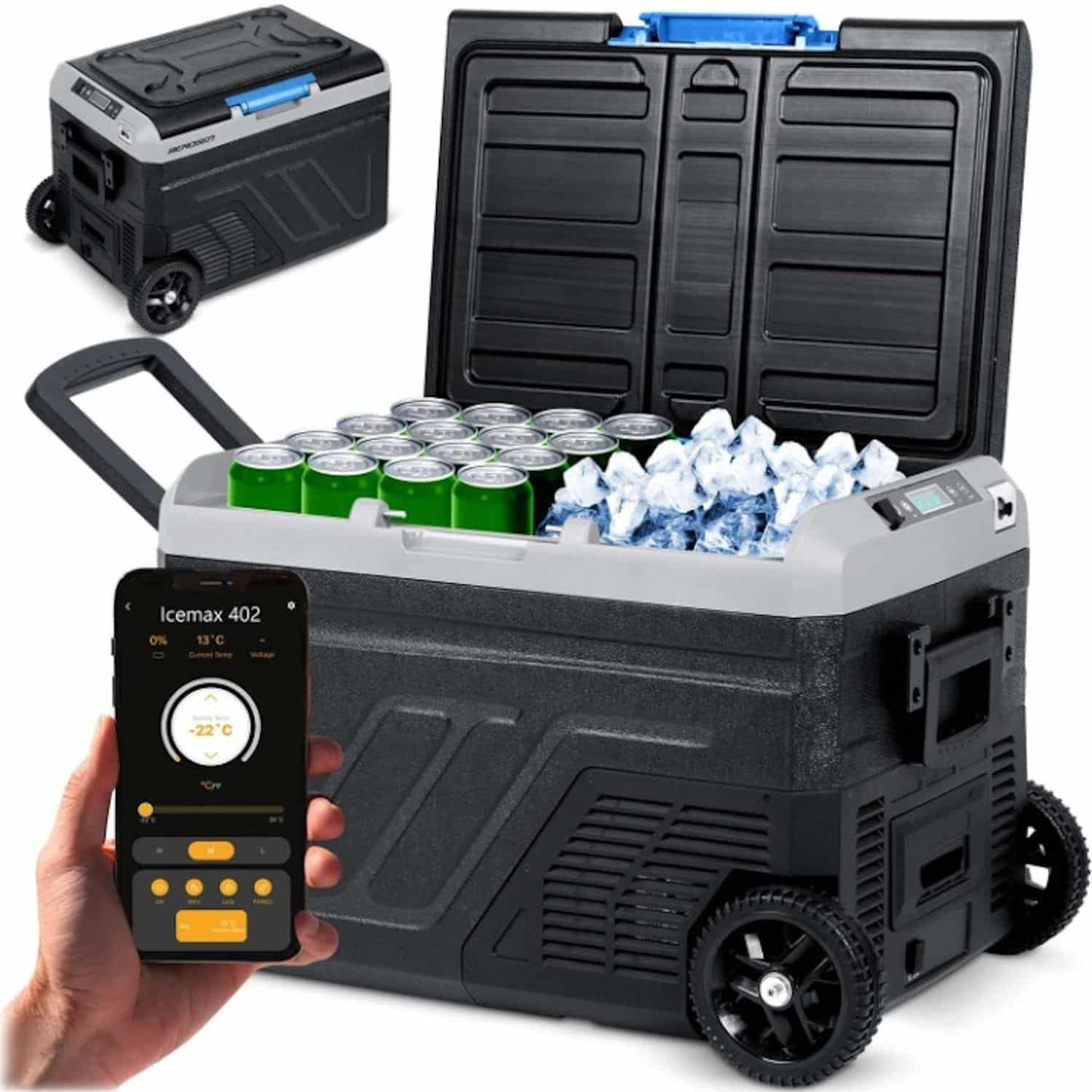 Frigider Portabil idealSTORE, pentru Auto 12V/24V sau la Retea 100V-240V, Capacitate 40 l, Compresor Silentios, Racire pana la -22C, pentru Camping, Camioane, Silentios, Racire la 0C in 30 minute, Aplicatie Mobila, Ecran Touch Screen