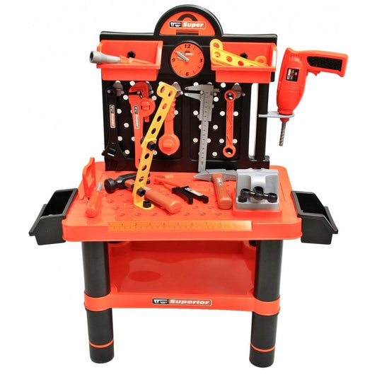 Banc de lucru Super Tools pentru copii cu bormasina, fierastrau, ciocan, rafturi si multiple accesorii , 50 piese incluse