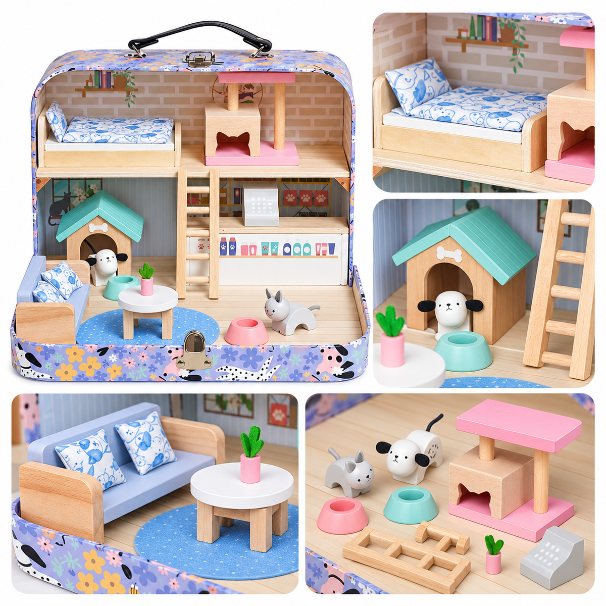 Casuta de papusi din lemn idealstore Pet House, tip valiza portabila si pliabila, cu 2 etaje, mobilier si accesorii miniaturale