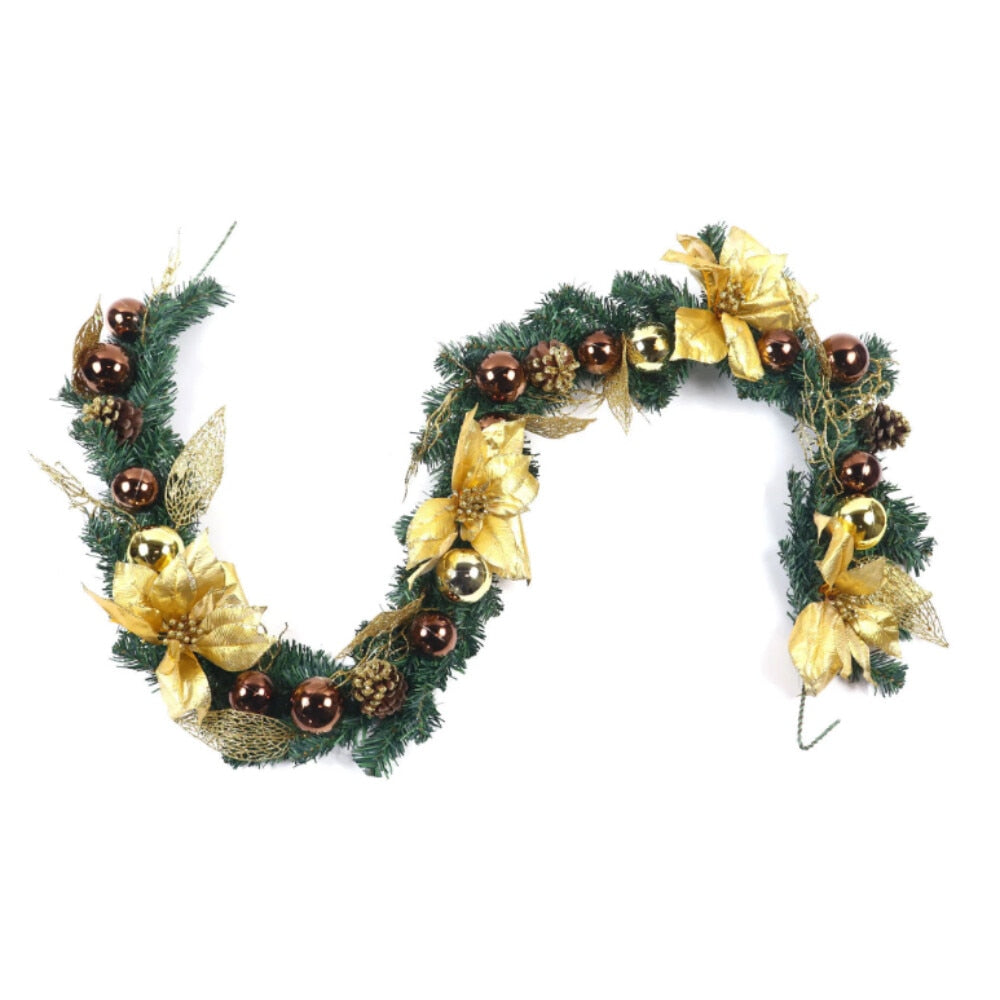 Ghirlanda de Craciun idealStore din Brad Artificial, Lungime 1.8 M, Decorata cu Globulete Aurii, Flori si Conuri de Brad, Eleganta si Stralucitoare, Aspect Natural, Culoare Verde