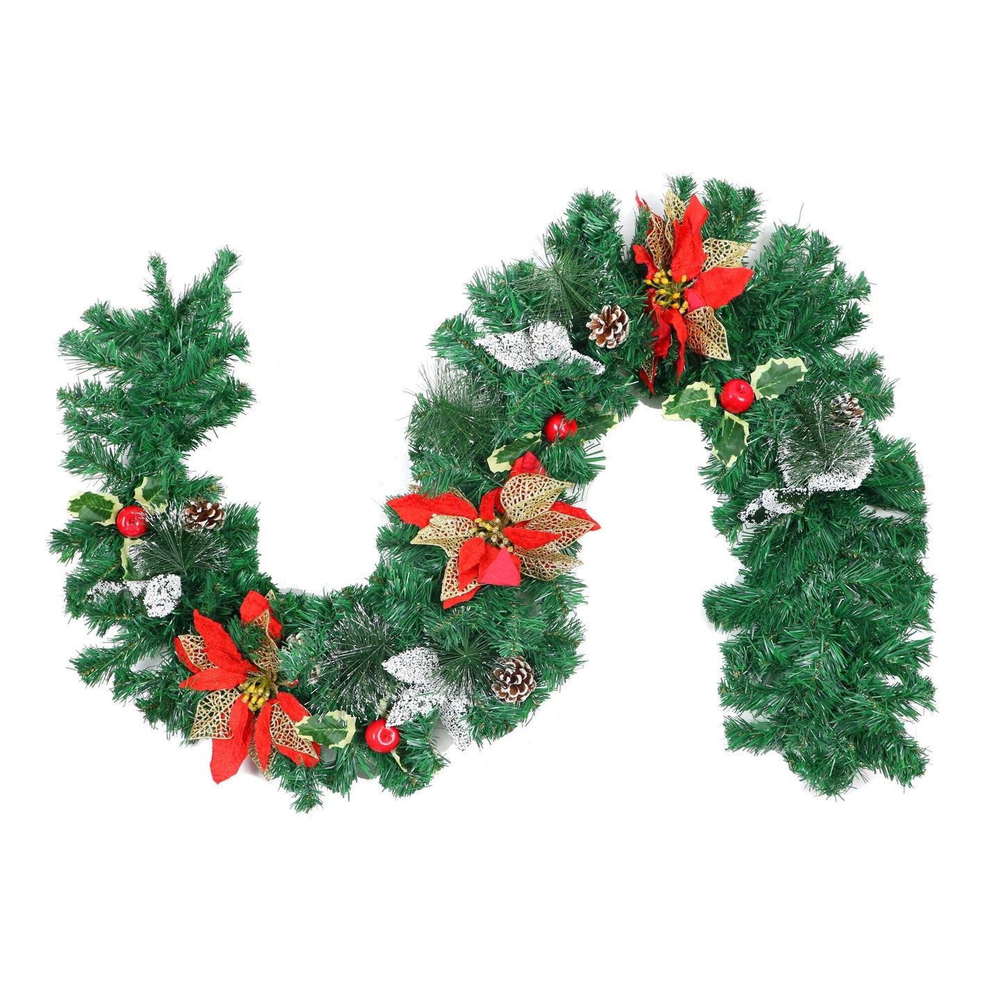 Ghirlanda de Craciun idealStore din Brad Artificial, Dimensiune 180 CM, Decorata cu Fundite Rosii, Conuri de Brad si Fructe Rosii, Eleganta, Aspect Natural, Culoare Verde