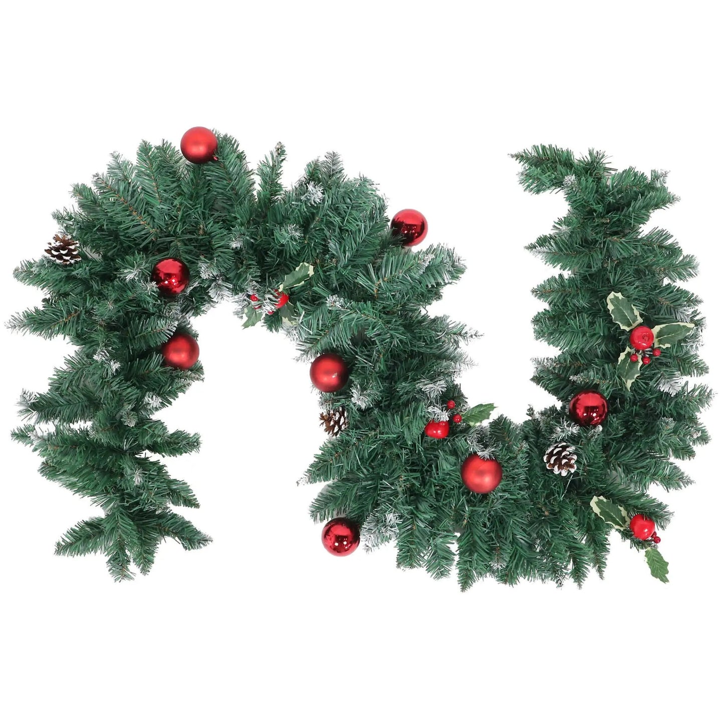 Ghirlanda de Craciun idealStore din Brad Artificial, Dimensiune 200x30 CM, Decorata cu Globulete Rosii, Fructe Rosii si Conuri de Brad, Eleganta, Aspect Natural, Culoare Verde