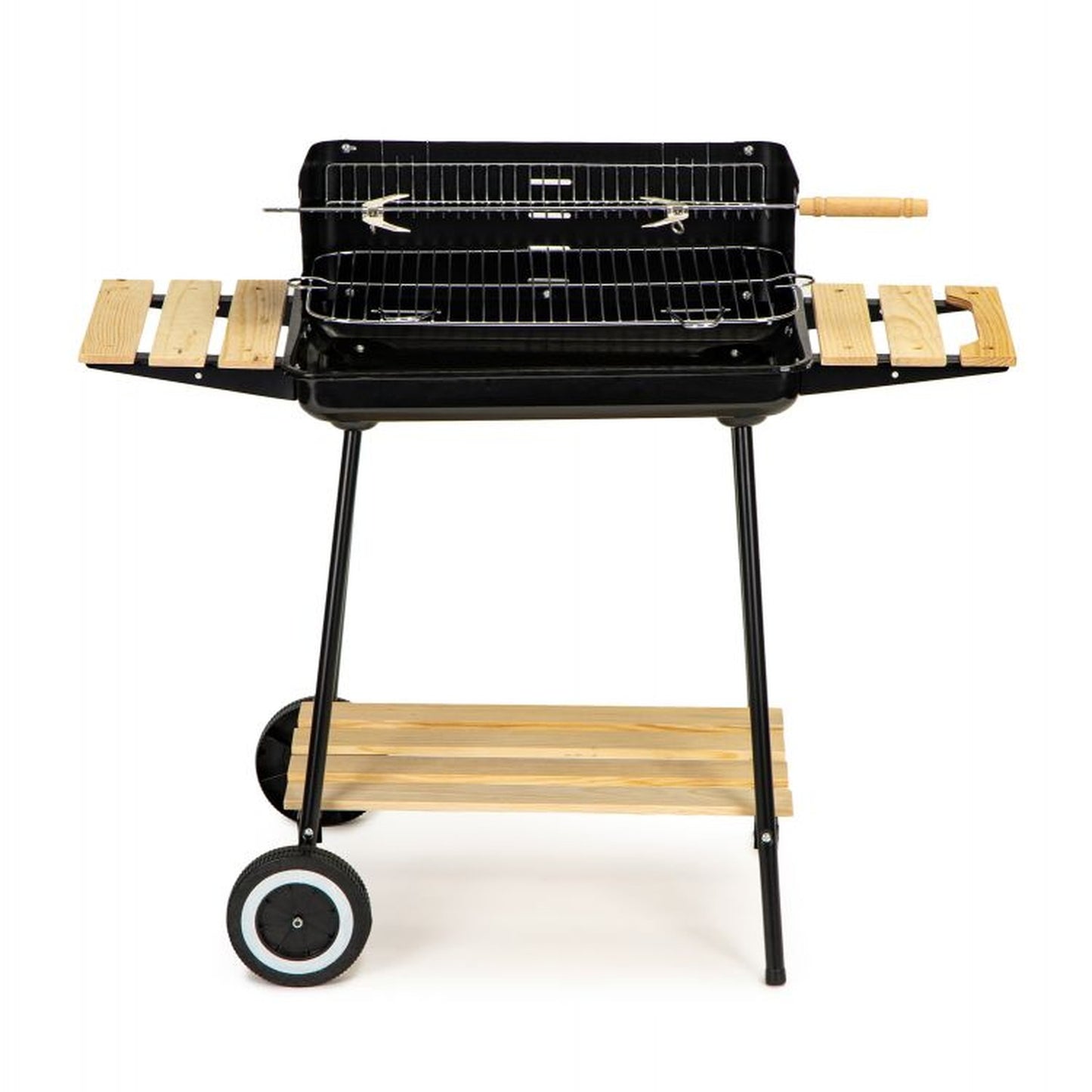 Gratar de gradina IdealStore cu rotisor manual, gratar inox 52x32 cm, inaltime reglabila, roti si 3 rafturi