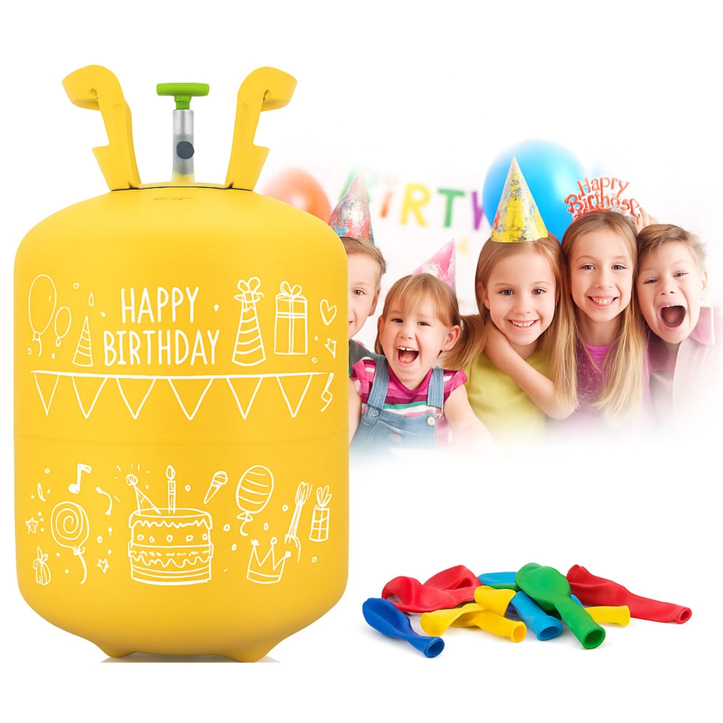 Set butelie heliu pentru baloane IdealStore Ballon Time 0.20 m3 cu reductor si 30 baloane colorate