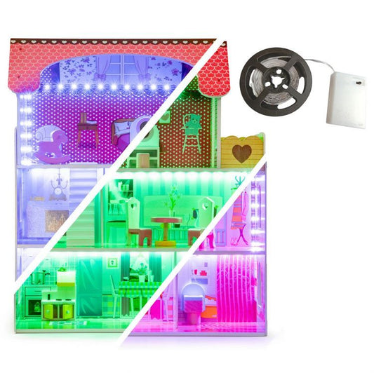 Jucarie Casa de Papusi pentru Copii, din Lemn, cu 3 Etaje, 5 Camere iluminate LED RGB cu Telecomanda si 8 Piese de Mobilier, 60x79 cm