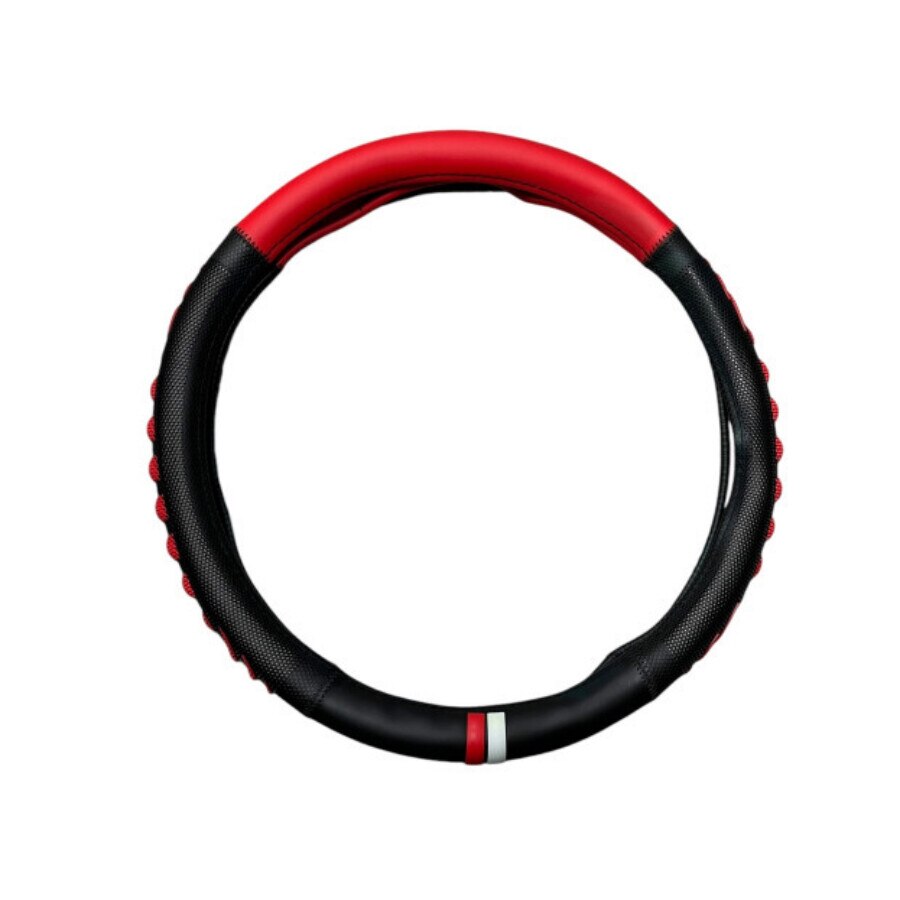 Husa Volan Imitatie Piele idealStore, Marime M 38CM, Culoare Negru Rosu, Compatibila cu Majoritatea Volanelor Standard