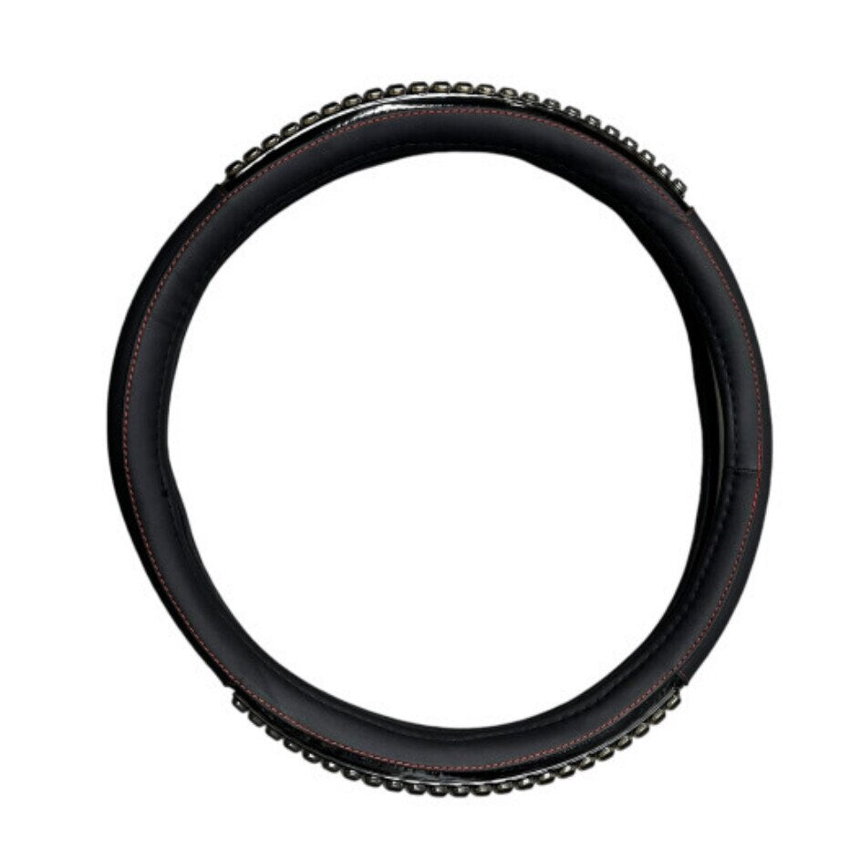 Husa Volan Imitatie Piele si Insertie Masaj idealStore, Marime M 38CM, Culoare Negru, Compatibila cu Majoritatea Volanelor Standard