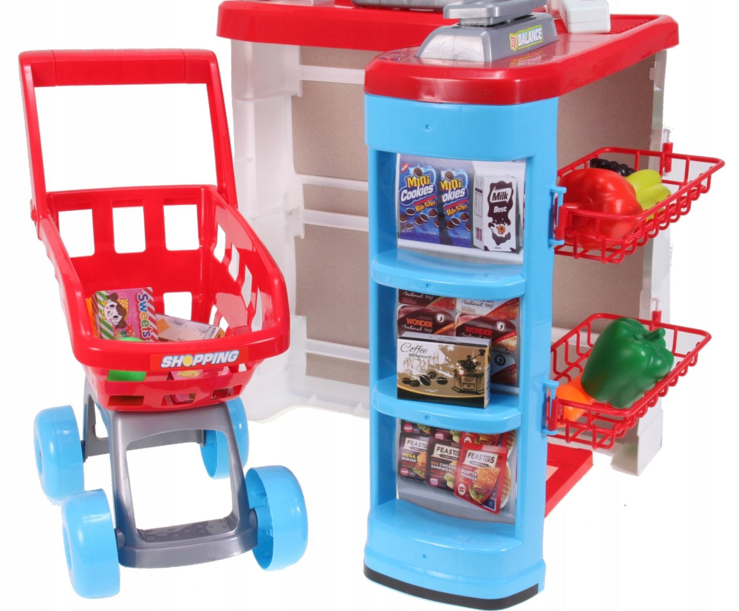 Supermarket joaca copii IDL, Inaltime 82cm, cu carucior de cumparaturi, casa de marcat moderna, scanner de produse, multitudine de produse