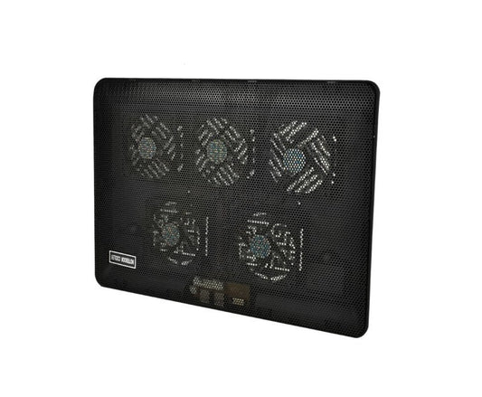 Cooler Laptop idealSTORE DEEP BLACK VIBE, Dimensiuni 26 x 36 x 2-4cm, Accesorizat cu 5 ventilatoare si iluminare LED ce permite o racire uniforma a intregului echipament, Nivel de zgmot scazut, Alimentare USB