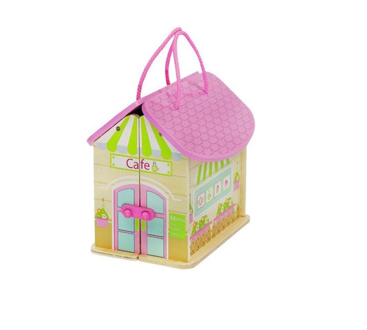 Set Mini Casuta de Papusi Pliabila idealSTORE, Candy Caffe Bar, Dimensiuni 19 x 16 x 25.5 cm, Echipata cu 8 elemente sub forma de figurine, masa, scaune, ceainic si cupe, Utilizare creativa