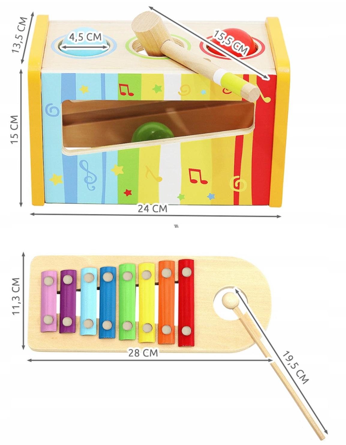 Jucarie din lemn Educativa idealSTORE Rainbow of Music, Dimensiuni 24 x 13.5 x 15 cm, Stimuleaza creativitatea si concentrarea, Dezvolta abilitati manuale