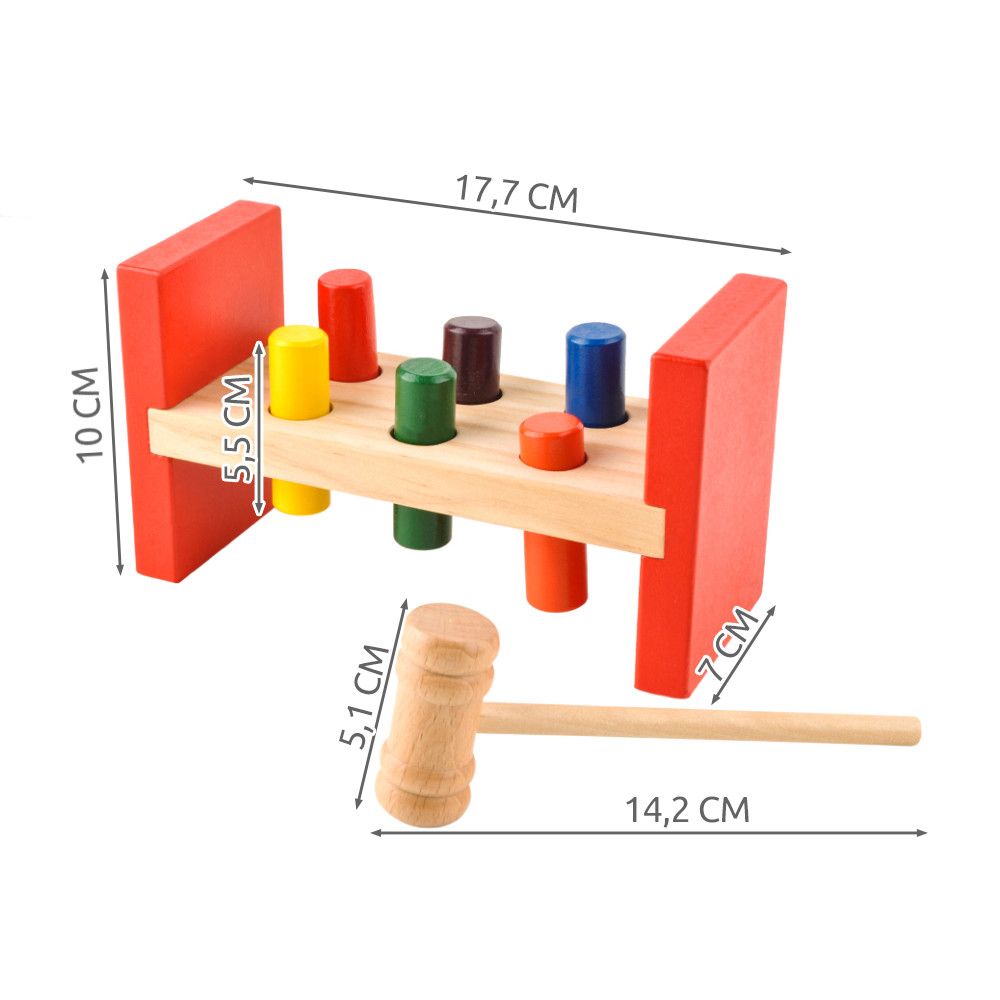 Joc de lemn Educational idealSTORE, Dimensiuni 17.7 x 7 x 10 cm, Dezvolta mobilitatea manilior si coordonarea mana-ochi, Echipat cu 6 blocuri colorate ce atrag atentia