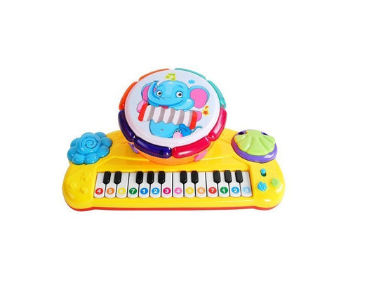 Pian interactiv 2 in 1 idealSTORE BABY ELEPHANT, Dimensiuni 35 x 20 x 11 cm, Echipat cu 14 melodii, Tobe, Stimuleaza imaginatia, Incurajeaza distractia si ajuta la invatarea vesela a cifrelor