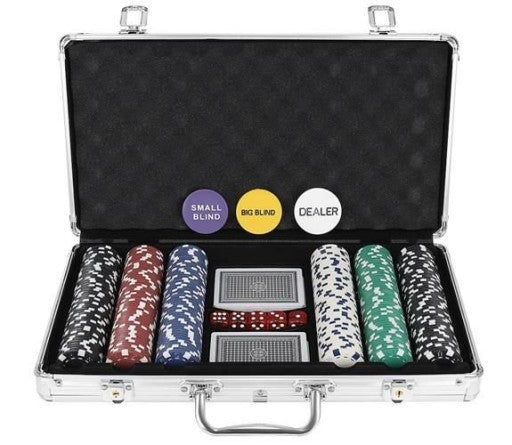 Set de Poker Complex cu 300 de jetoane idealSTORE, Vegas Master Lux, Include 2 seturi de carti, 5 zaruri, Echipat cu servieta de aluminiu cu dimensiunile 39x7x27 cm
