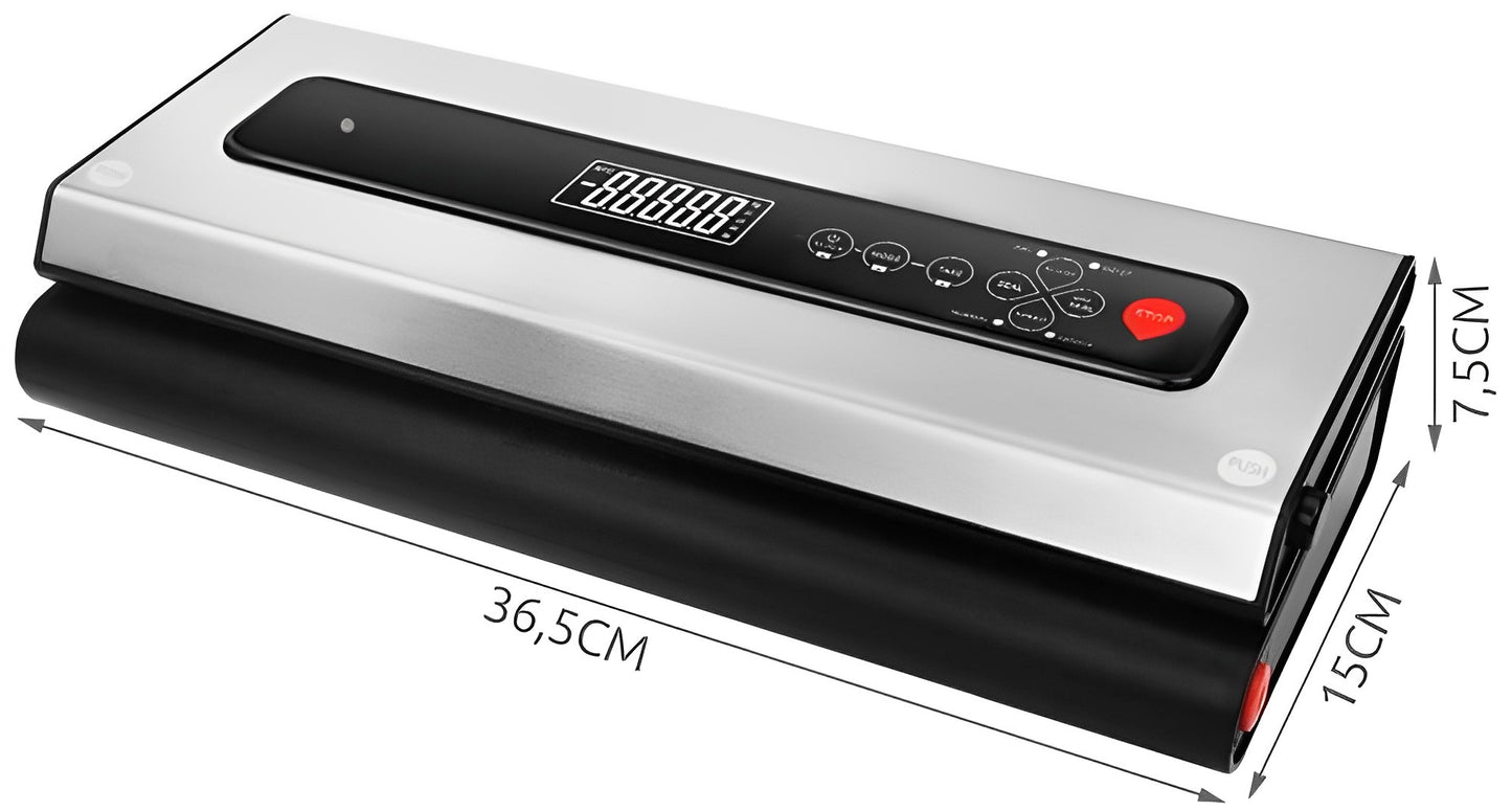 Aparat de Vidat si Sigilat Alimente idealSTORE, Include 9 Role cu Folie, 5 Saci de Depozitare, Cantar Incorporat, Putere 120W, Nivel de Vidare -80kPa, Latime 36 cm, Putere Vidare Reglabila, Buton pentru Vidarea Produselor Umede sau Uscate, Operare simpla