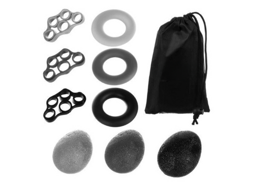 Set 9 Benzi exercitii de Mana/Incheietura idealSTORE, Include 3 Benzi de Cauciuc pentru degete, 3 Bile de Antrenament si 3 Inele, Sac inclus pentru transport