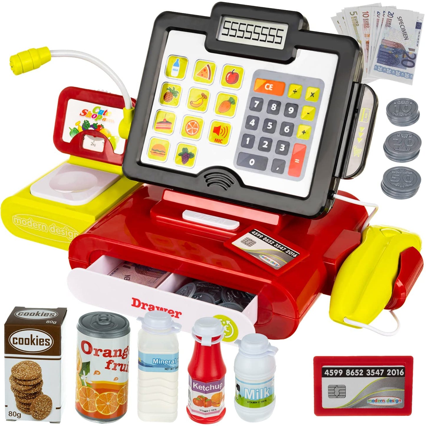 Casa de marcat pentru copii CHILDREN CALCULATOR MONEY IdealStore,14,5 X 33 X 19,5 cm, Include produse alimentare, Microfon, Scaner, Cantar alimente, Bani si Card bancar
