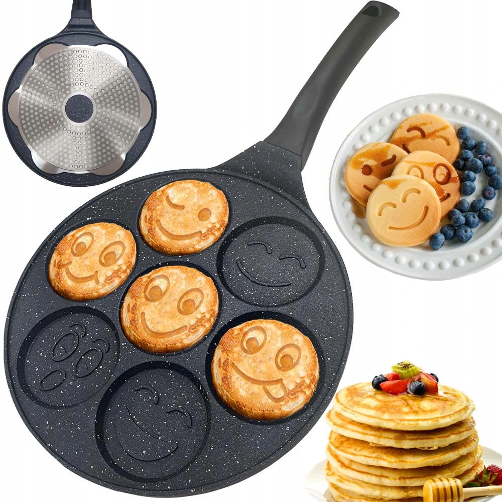 Tigaie pentru clatite cu 7 forme Smile Pancakes IdealStore, din aluminiu si otel inoxidabil, atat pentru aragazul normal cat si pentru cel vitroceramic si electric, Dimensiune tigaie 26 cm