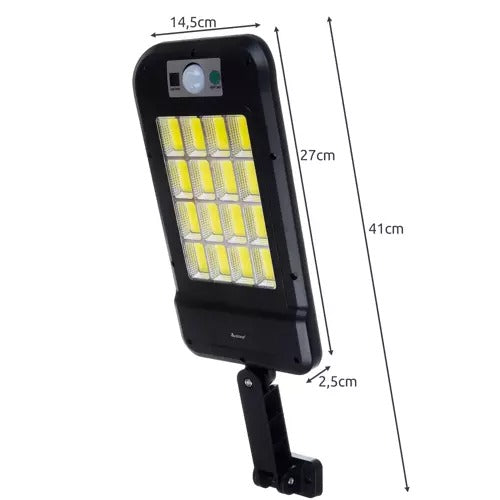 Lampa Solara Stradala, Include 240 LED COB, Senzor de Miscare, Panou Solar Incorporat, 4 Moduri de Operare, Putere 72 W, Unghi de Iluminat 120 , IP 67, Brat de Montare si Telecomanda, Timp de Functionare 8-10 Ore, Reglaj Vertical-Orizontal