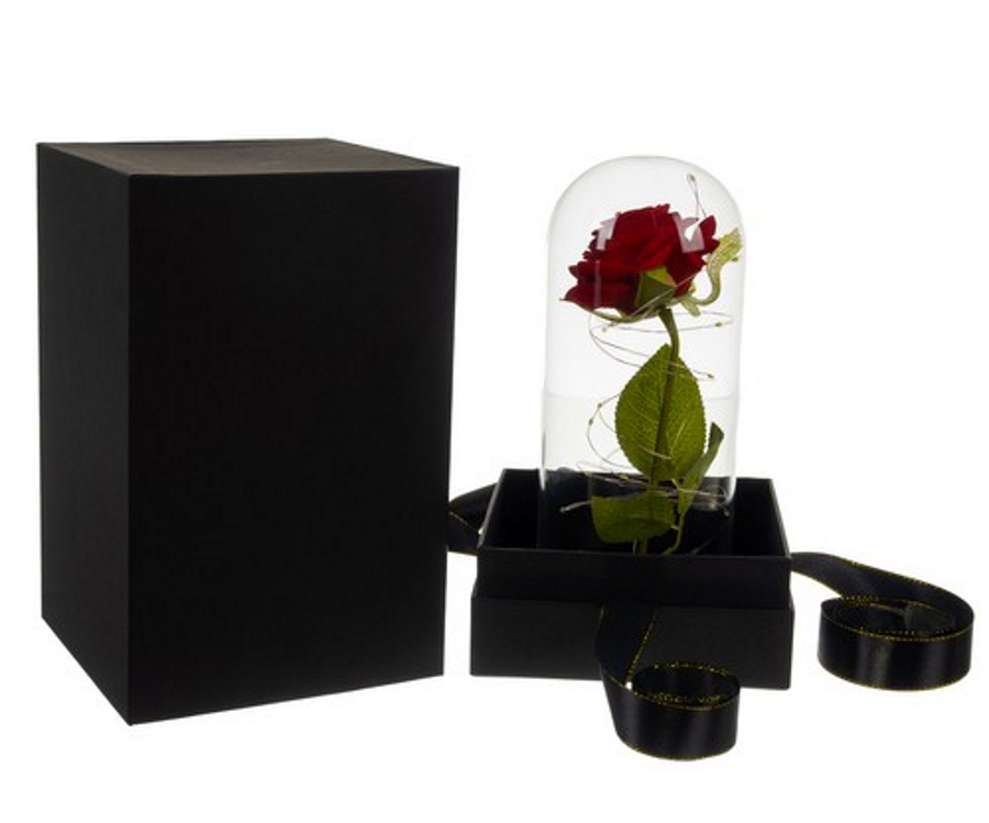 Trandafir Rosu Criogenat idealSTORE in Cupola de Sticla, Dimensiuni 22 x 11 cm, Iluminat LED, Include 100 de petale de trandafir, Cutie de Cadou, Funda, Pe blat Negru, Ideal pentru Evenimente Speciale