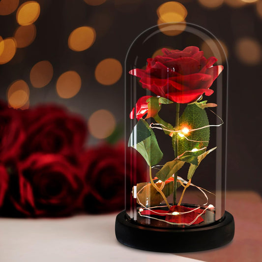 Trandafir Rosu Criogenat idealSTORE in Cupola de Sticla, Dimensiuni 22 x 11 cm, Iluminat LED, Include 100 de petale de trandafir, Cutie de Cadou, Funda, Pe blat Negru, Ideal pentru Evenimente Speciale