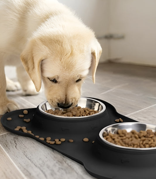 Bol Dublu Pentru Patrupede IdealStore, Metal + Silicon, Capacitate 2 x 350ml, Baza anti-derapanta, Dimensiune: 46 x 25 x 4,5 cm, Negru-Gri