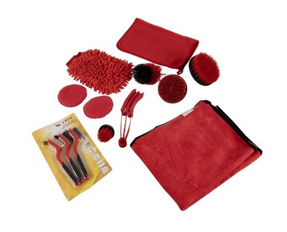 Set 18 Piese Detailing Auto idealSTORE, Elemente de Caroserie, Bord, Jante, Include 5 Pensule Detaliere, 3 Perii, Burete Aplicator, Manusa, Perie Tripla Grilaj, Laveta Moale Microfibra, Curatare Interior-Exterior, Husa pentru Depozitare