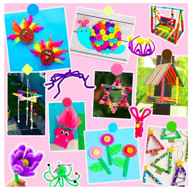 Set de Creatie idealSTORE pentru Copii, Include Felicitari, Betisoare din Lemn, Lipici cu Sclipici, Diamante autoadezive, Foarfeca, Nasturi in diverse culori, Pene Colorate, Felicitari, Ochi in miscare, Cutie depozitare cu maner