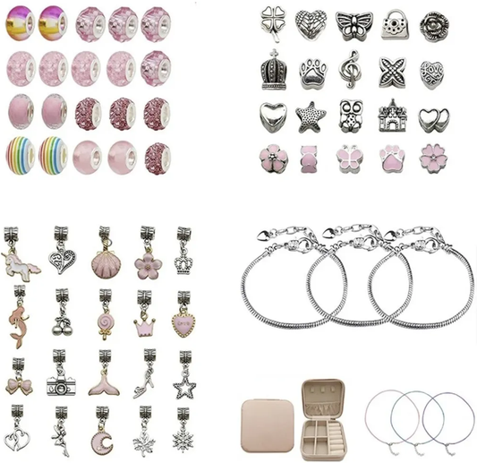 Set Creatie Bratari-Coliere Princess idealSTORE, Include 69 de Elemente, 3 Baze de Coliere, 3 Bratari, Pandative in Diferite Forme, Include o Cutie cu Fermoar pentru Depozitare, Dezvolta Abilitatile Artistice