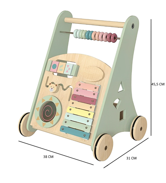 Premergator Song Walker IdealStore, Pentru Copii din Lemn Natural, 3 in 1, Roti anti-alunecare, Nontoxic, Dimeniunea 38x31x45.5 cm, Contine puzzle mobil, Xilofon, Dezvolta abilitati practice, Imaginatia, Culoare verde menta