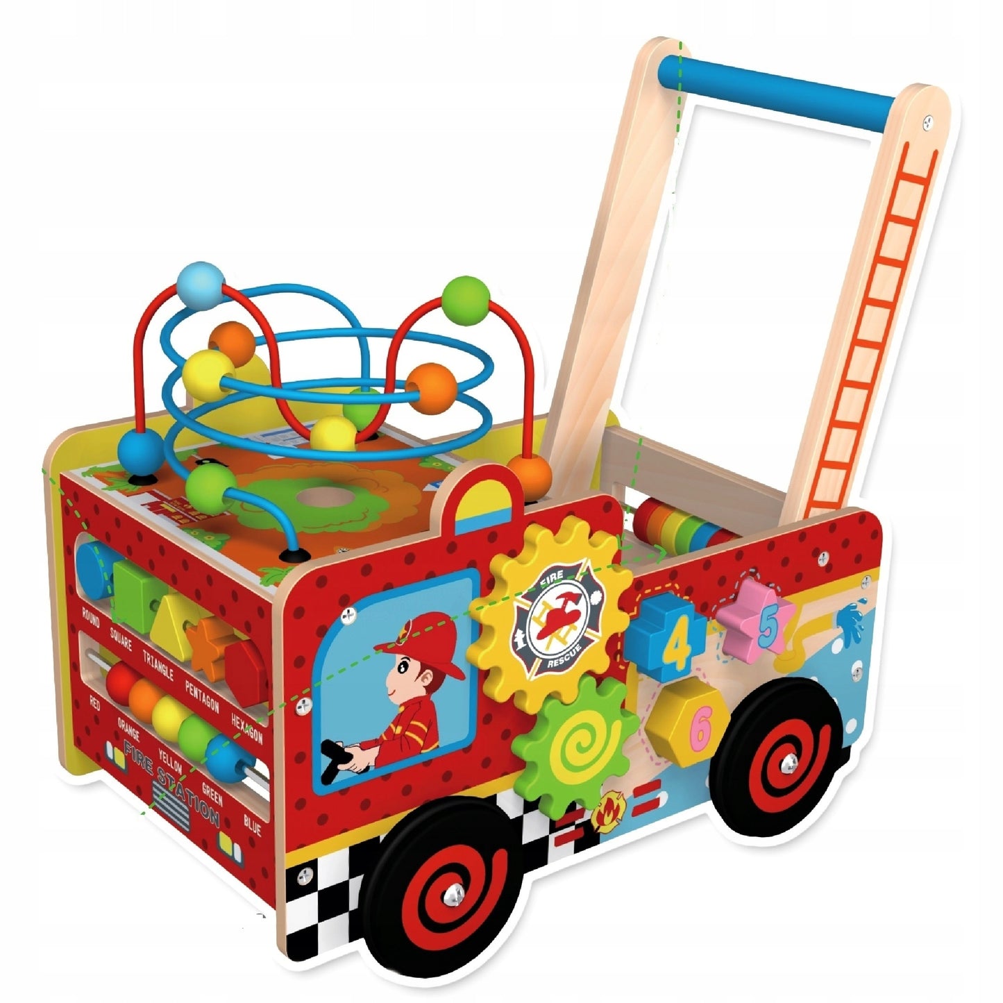 Premergator Interactiv din Lemn IDL, Crazy Junior Mix, Accesorizat cu diverse elemente educationale ce incurajeaza Dezvoltarea PSIHOMOTORIE a celor mici, Ajuta la coordonarea mana-ochi si stimuleaza imaginatia copilului, Pictat cu vopsele ecologice