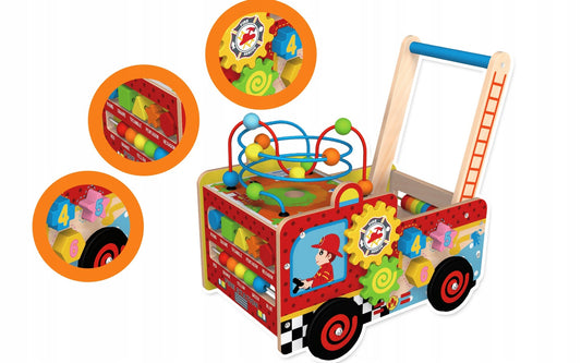 Premergator Interactiv din Lemn IDL, Crazy Junior Mix, Accesorizat cu diverse elemente educationale ce incurajeaza Dezvoltarea PSIHOMOTORIE a celor mici, Ajuta la coordonarea mana-ochi si stimuleaza imaginatia copilului, Pictat cu vopsele ecologice