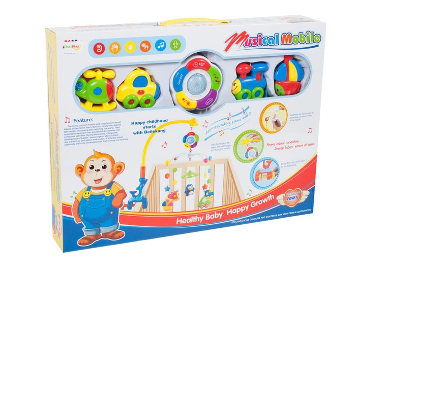 Carusel pentru patut cu lumina de veghe MagStar, pentru copiii 3+ luni, melodii , 4 brate cu diferite jucarii, sistem prinde tip clema