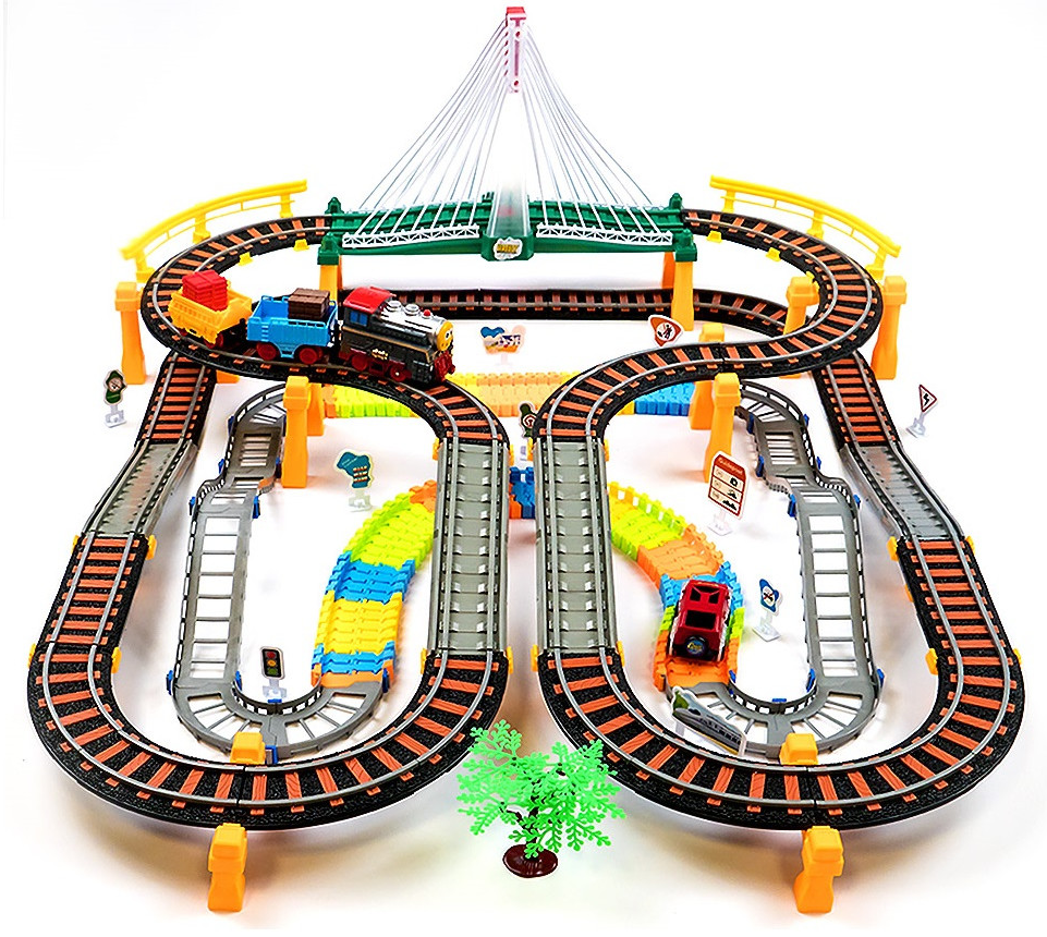 Circuit complex idealSTORE Twiming Train, Echipat cu cale ferata pe doua nivele, sosea auto, locomotiva cu vagoane, masina si multe alte accesorii, Dezvolta abilitati manuale si de coordonare